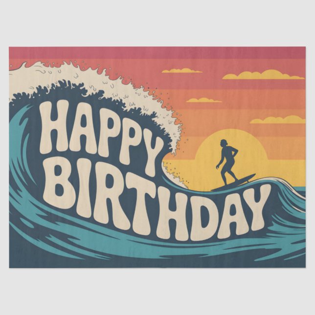 Papel De Seda Ilustración Retro Surf Tema "Feliz Cumpleaños" (Anverso)