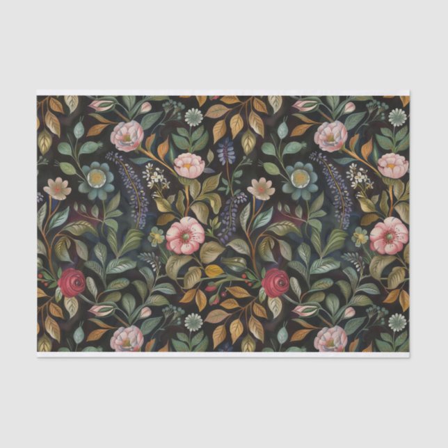 Papel De Seda Ilustraciones botánicos florales sobre fondo oscur (Anverso)