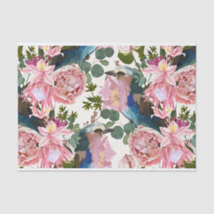 Papel De Seda Ilustraciones de flores rosas, plantas, pájaros.