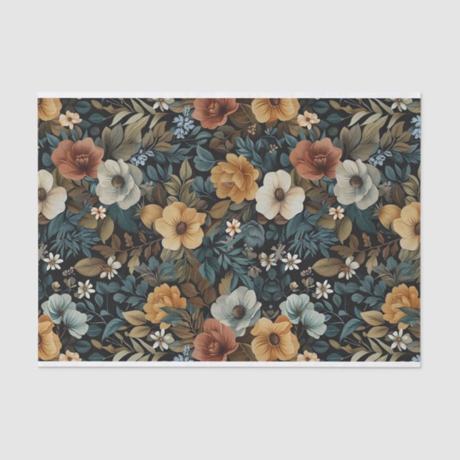 Papel De Seda Ilustraciones florales leafy sobre fondo oscuro (Anverso)