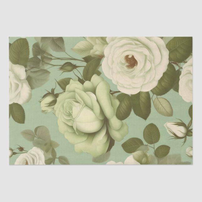 Papel De Seda Impresión de flores italianas verdes y blancas Dec (Anverso)