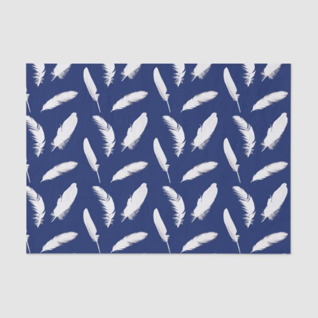 Papel De Seda Impresión de plumas blancas en azul oscuro (Anverso)