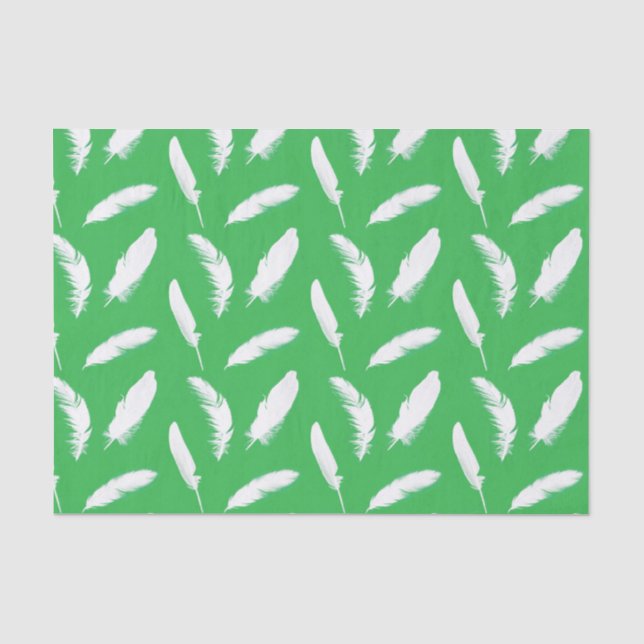 Papel De Seda Impresión de plumas blancas en verde jade (Anverso)
