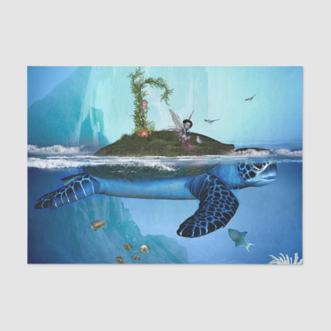 Papel De Seda Impresionante tortuga con hadas y pájaros (Anverso)