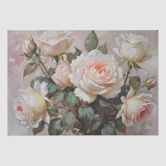 Papel De Seda Imprimir Rosas Blancas y Rosadas Decoupage / (Anverso)