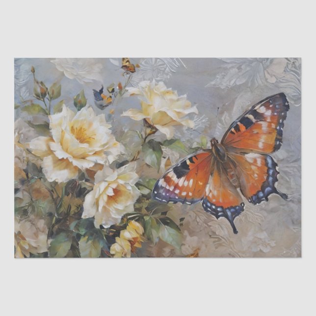 Papel De Seda Imprimir Rosas y Mariposas Decoupage / (Anverso)