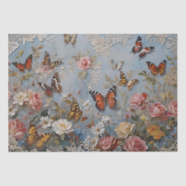 Papel De Seda Imprimir Rosas y Mariposas Decoupage / (Anverso)