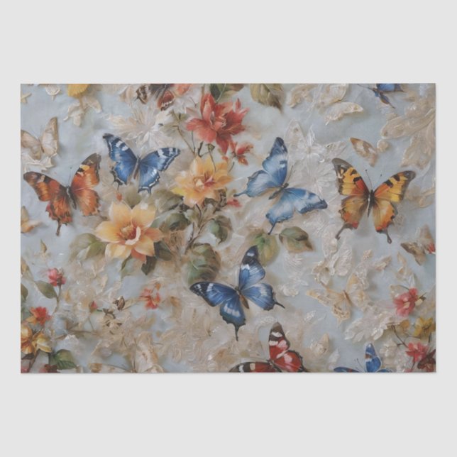 Papel De Seda Imprimir Rosas y Mariposas Decoupage / (Anverso)