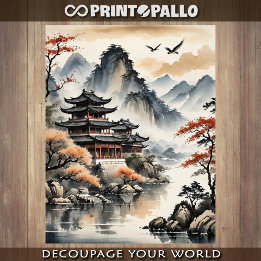 Papel De Seda Ink drawing Japanese Pagoda on autumn lake -