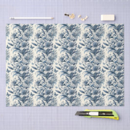 Papel De Seda Inspirado en Vintage Azul y Blanco Floral Toile