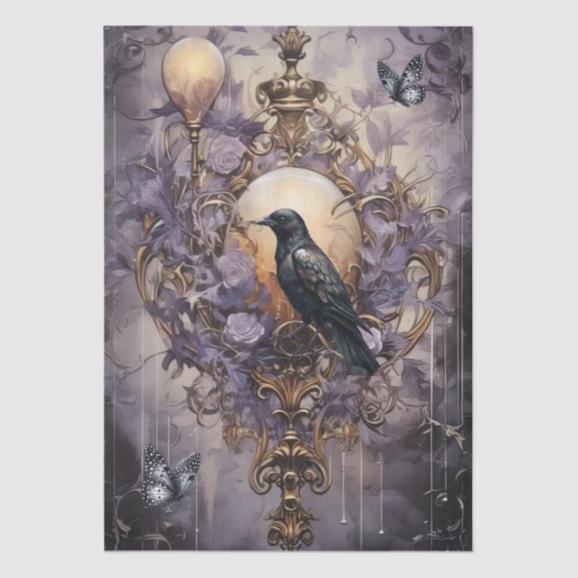 Papel De Seda Intrigante Fantasía Raven Gótico y Florales (Anverso)
