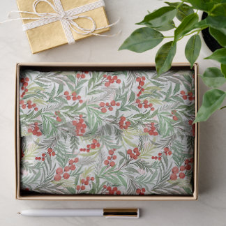 Papel De Seda Invernadero Acuarela Bayas Rojas y Siempre Verde