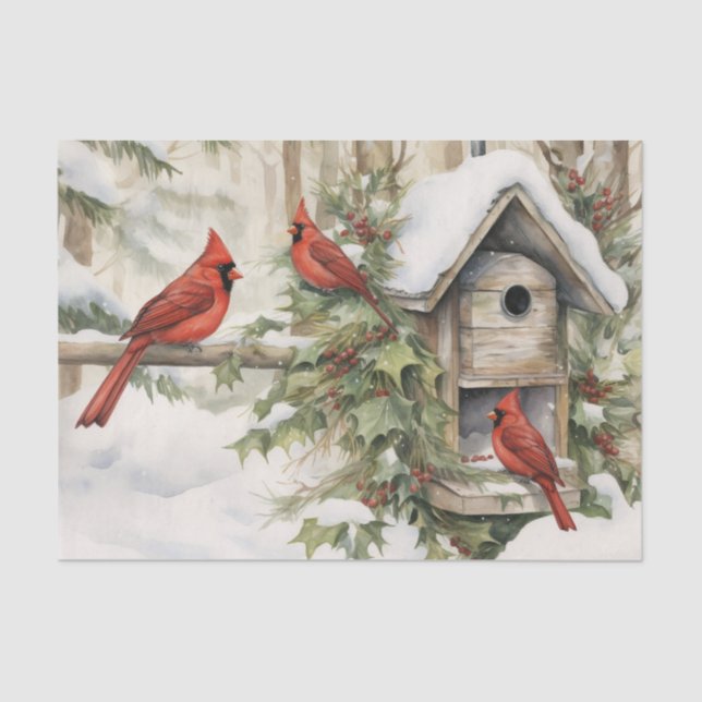 Papel De Seda Invierno Cardenales Rojos Aves Ivy y Berries (Anverso)
