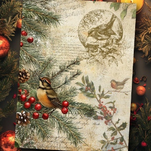 Papel De Seda Invierno vintage Botánico con desenlace de aves