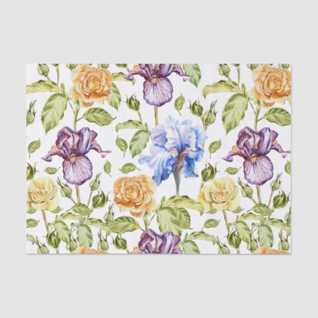 Papel De Seda Iris y rosas acuarela patrón floral (Anverso)