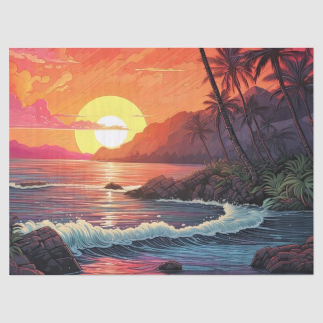 Papel De Seda Isla paradisíaca de playa tropical al atardecer (Anverso)