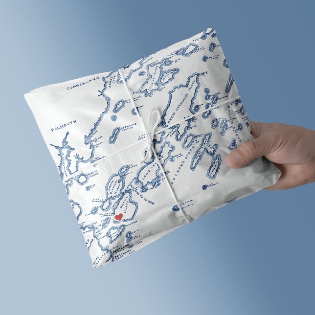 Papel De Seda Isla Peaks Mapa de Maine Casco Elegante Marina Azu (Peaks Island Maine Map Casco Bay Tissue Paper in elegant navy blue from Coastal Map Designs)