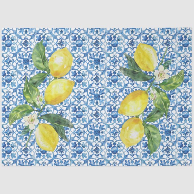 Papel De Seda Italian Lemons Blue White Tile Decoupage  (Anverso)