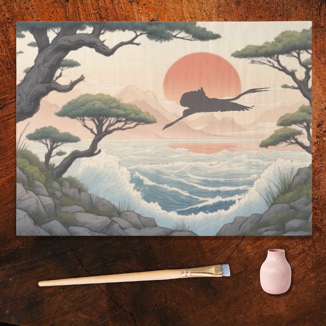 Papel De Seda Japanese Rocky Coast Sunset Landscape and Egret (Subido por el creador)