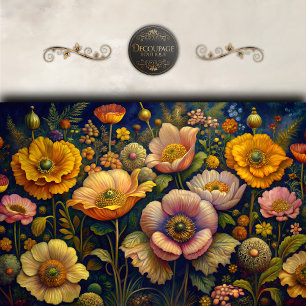 Papel De Seda Jardín de Amapolas Doradas Decoupage Floral