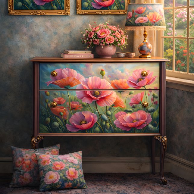 Papel De Seda Jardín de Amapolas Rosadas Decoupage Floral (Pink Poppy Garden Floral Decoupage Tissue Paper Mockup)