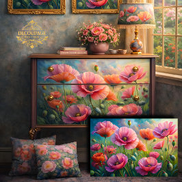 Papel De Seda Jardín de Amapolas Rosadas Decoupage Floral