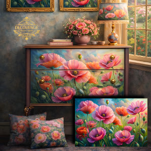 Papel De Seda Jardín de Amapolas Rosadas Decoupage Floral