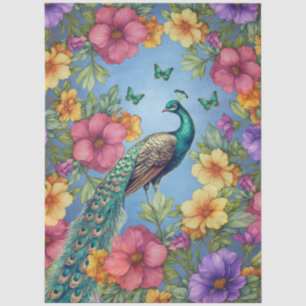 Papel De Seda Jardín Floral de Pavo Real y Mariposas