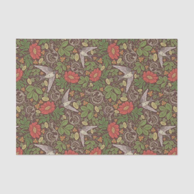 Papel De Seda Jardín inglés victoriano de pájaro rojo de margari (Anverso)