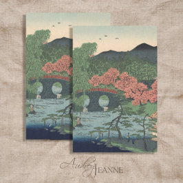 Papel De Seda Jardín Japonés Vintage Lake w Bridge Blue n Coral
