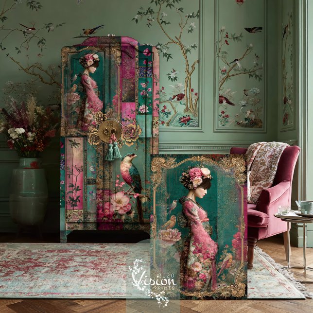 Papel De Seda Jardín Oriental, Arte de Collage de Retrato (Oriental Garden, Asian Beauty, Chinoiserie Patchwork Collage Decoupage Tissue.)