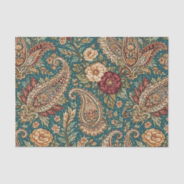 Papel De Seda Jardín Paisley Verde Teal Antiguo (Anverso)