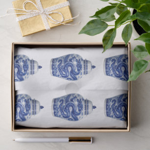 Papel De Seda Jarra de chinoiserie azul y blanca con patrón de d