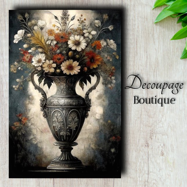 Papel De Seda Jarrón de plata de decoupage floral barroco gótico (Gothic Baroque Floral Silver Vase Decoupage Tissue Paper)