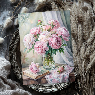 Papel De Seda Jarrón elegante con peonías rosadas sobre la mesa