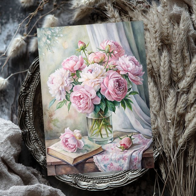 Papel De Seda Jarrón elegante con peonías rosadas sobre la mesa (Elegant vase with pink peonies on table tissue paper)