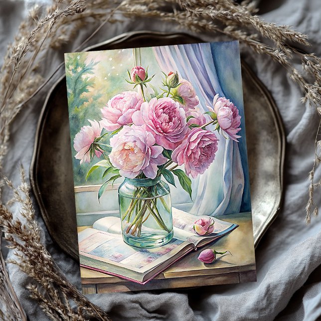 Papel De Seda Jarrón elegante con peonías rosadas sobre la mesa (Elegant vase with pink peonies on table tissue paper)