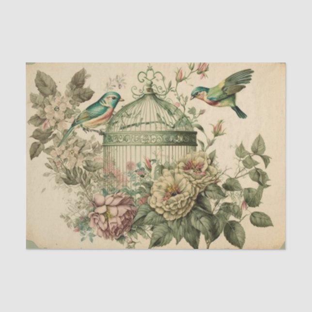 Papel De Seda Jaula de pájaros decoupage de pájaros y flores vin (Anverso)