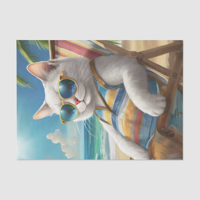 Papel De Seda Jeff Recostado, Silla de Playa Gato Blanco (Anverso)