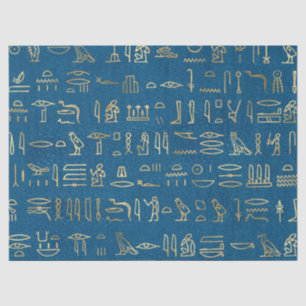 Papel De Seda Jeroglifos egipcios de oro metálico sobre azul