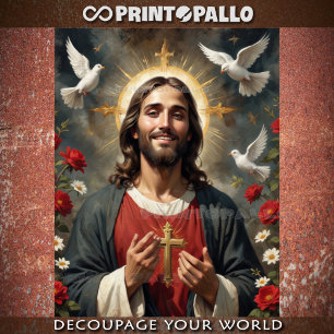 Papel De Seda Jesucristo ascendido con flores y palomas sagradas