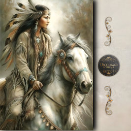 Papel De Seda Jinete Mujer Nativa y Caballo Blanco Decoupage