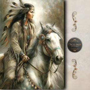Papel De Seda Jinete Mujer Nativa y Caballo Blanco Decoupage