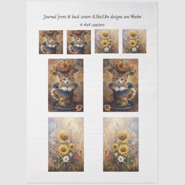 Papel De Seda Journal Cover Cat in Cup & Sunflowers & Coasters  (Anverso)