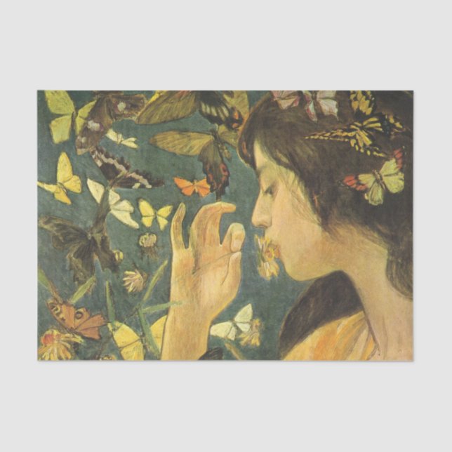 Papel De Seda Joven asiática con hermosas mariposas (Anverso)