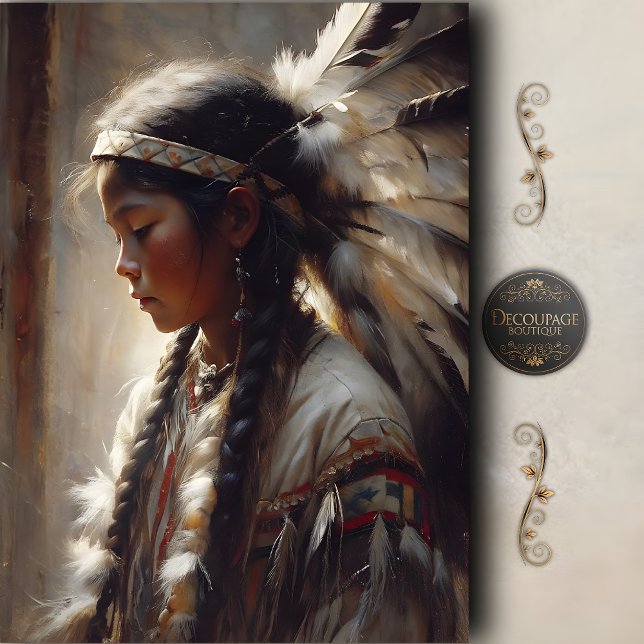 Papel De Seda Joven nativa con tocado de plumas Decoupage (Young Native Girl Feather Headdress Decoupage Tissue Paper)