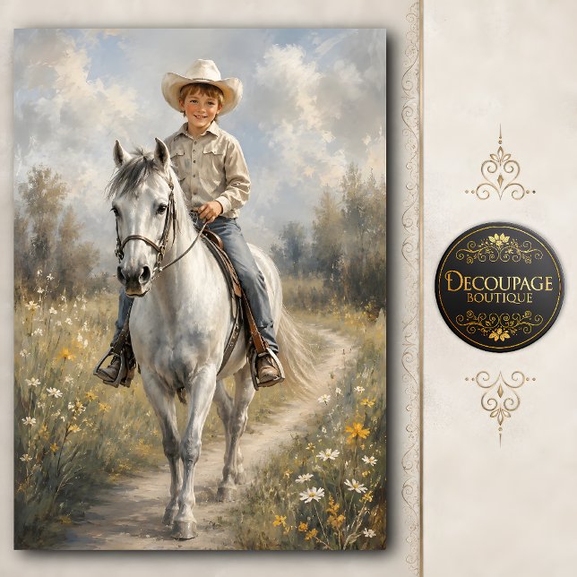 Papel De Seda Joven Vaquero en Caballo Blanco Decoupage (Young Cowboy on White Horse Decoupage Tissue Paper)