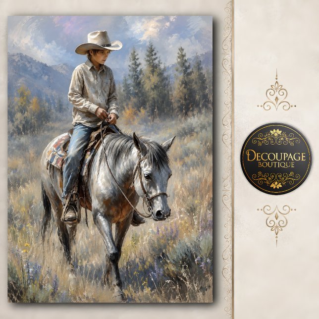 Papel De Seda Joven Vaquero en Caballo Decoupage (Young Cowboy on Horse Decoupage Tissue Paper)