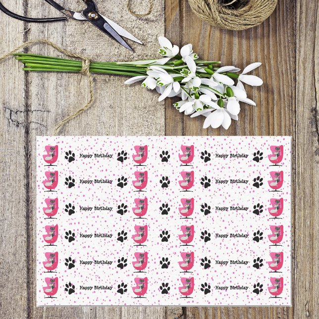 Papel De Seda Jueves de cumpleaños a mediados del siglo Chats Pi (Atomic cats in pink chair, paw prints, pink dots on white Happy Birthday tissue paper.)