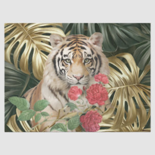 Papel De Seda Jungla Follaje Acuarela Rosa Roja Tigre
